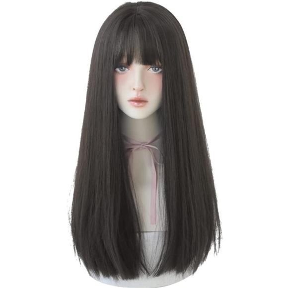 URCGTSA Long Black Synthetic Hair Natural Long Straight Wig With Bangs Wig 23In.